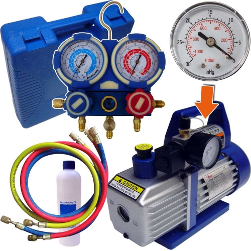 Kit de tirage au vide et recharge de climatisation avec pompe a vide, vacuomètre et manifold